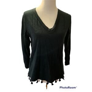 J.Crew Black Boho Fringe Hem Cotton V-Neck Top SIZE S